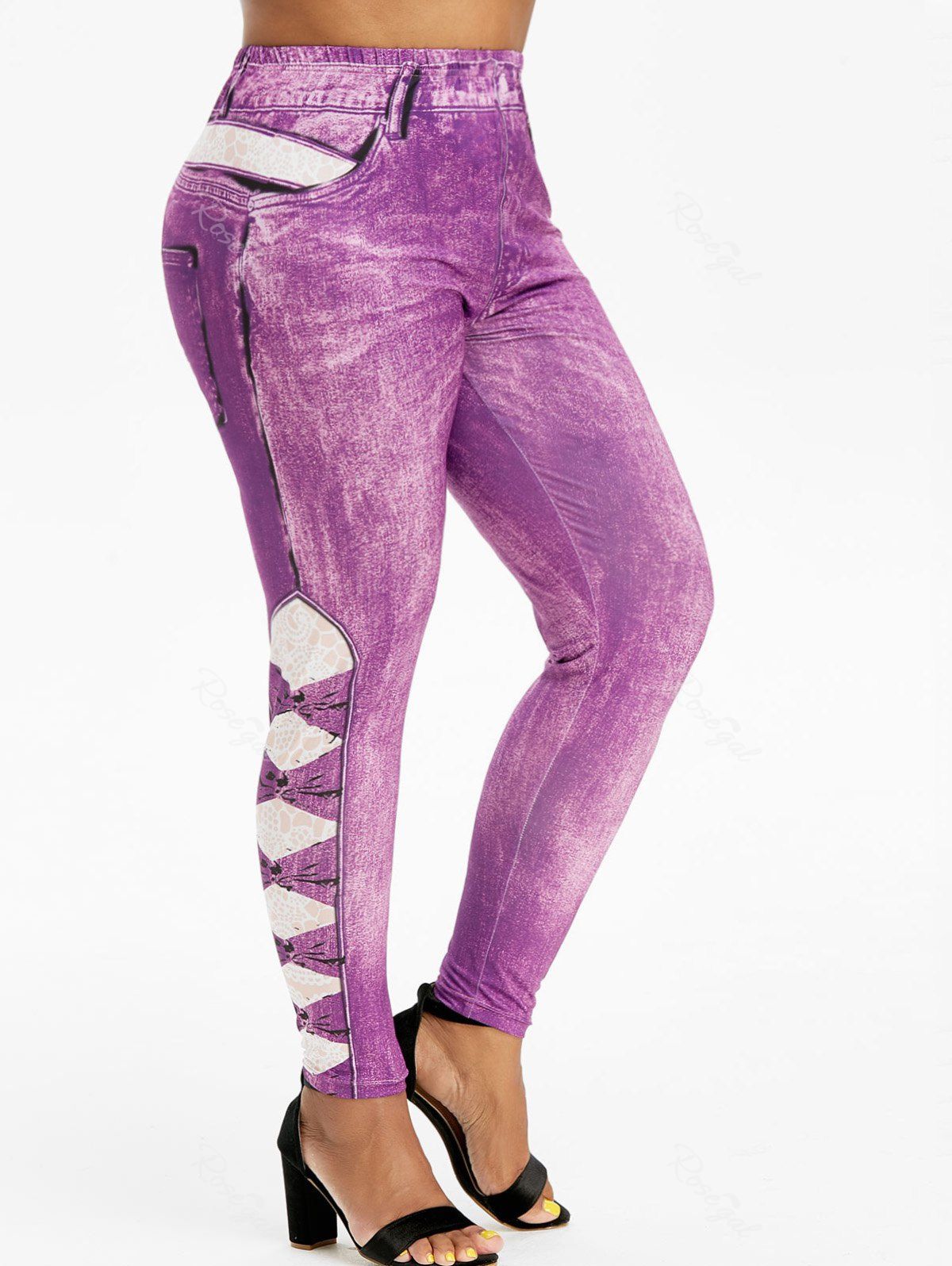 

Pull On 3D Printed High Waisted Plus Size Jeggings, Purple