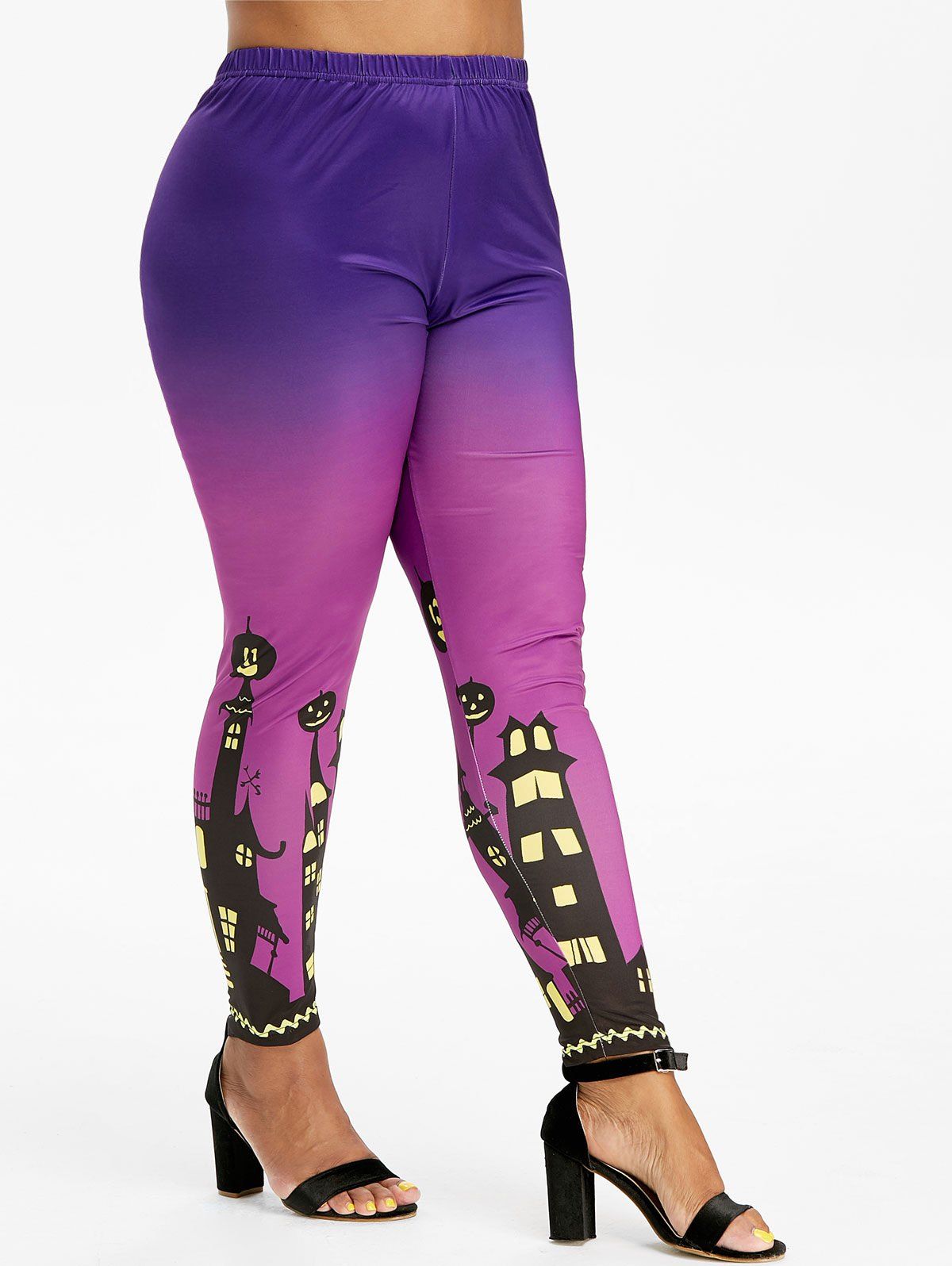 

High Waisted Pumpkin Castle Halloween Plus Size Leggings, Purple