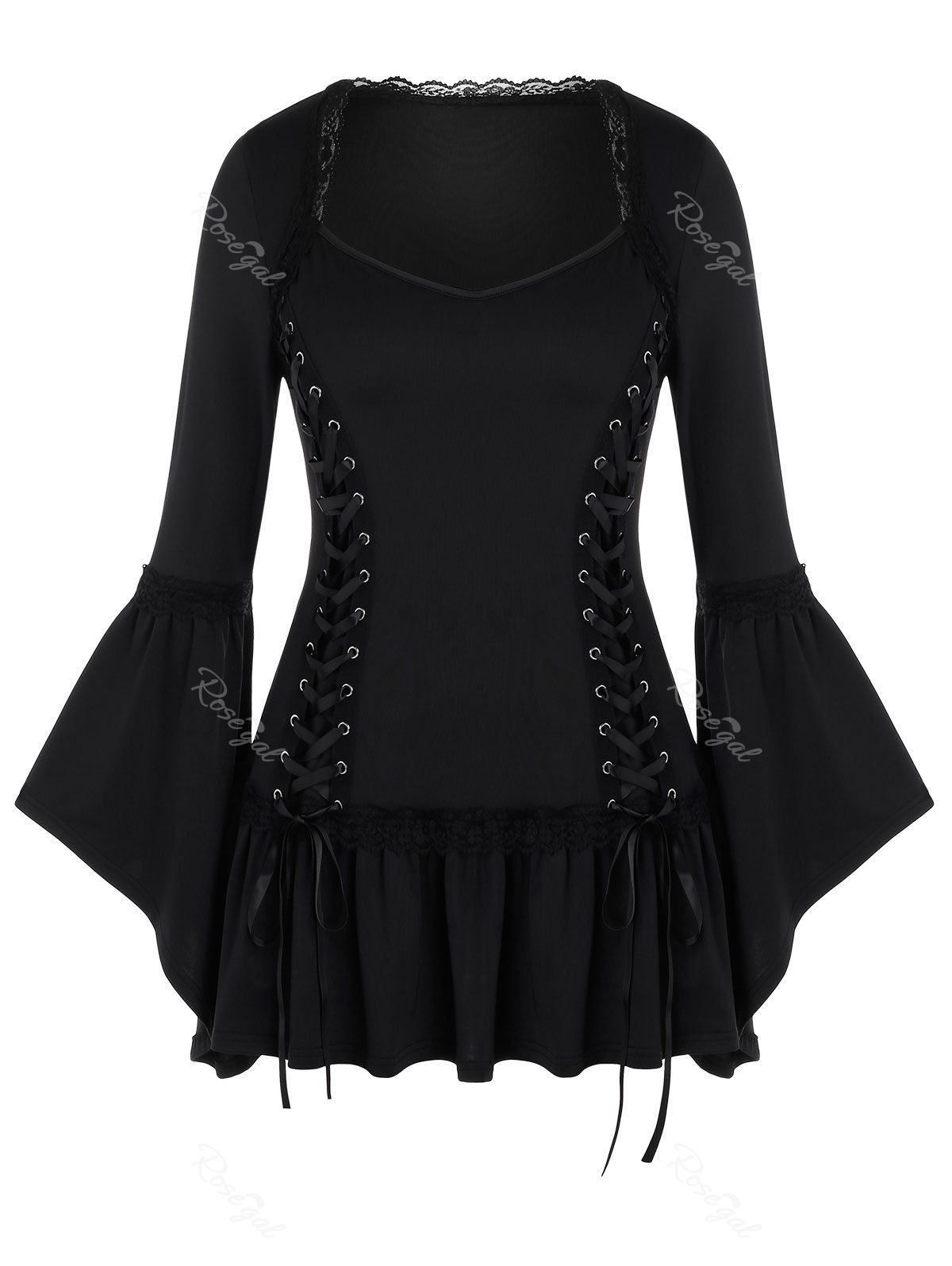 

Plus Size Sweetheart Neck Flounce Lace Up T Shirt, Black