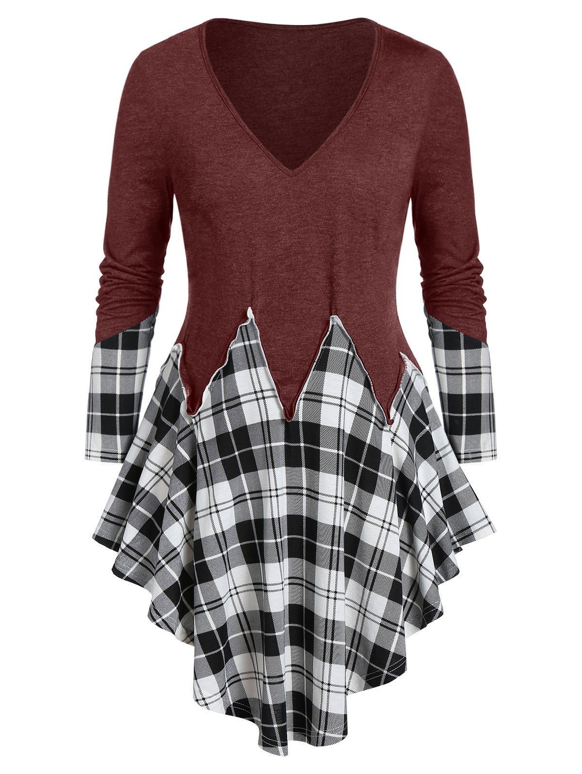 

Plus Size Asymmetrical Plaid Long Sleeve Tunic Tee, Red wine