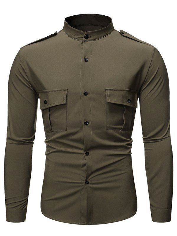 

Stand Collar Button Up Cargo Shirt, Army green