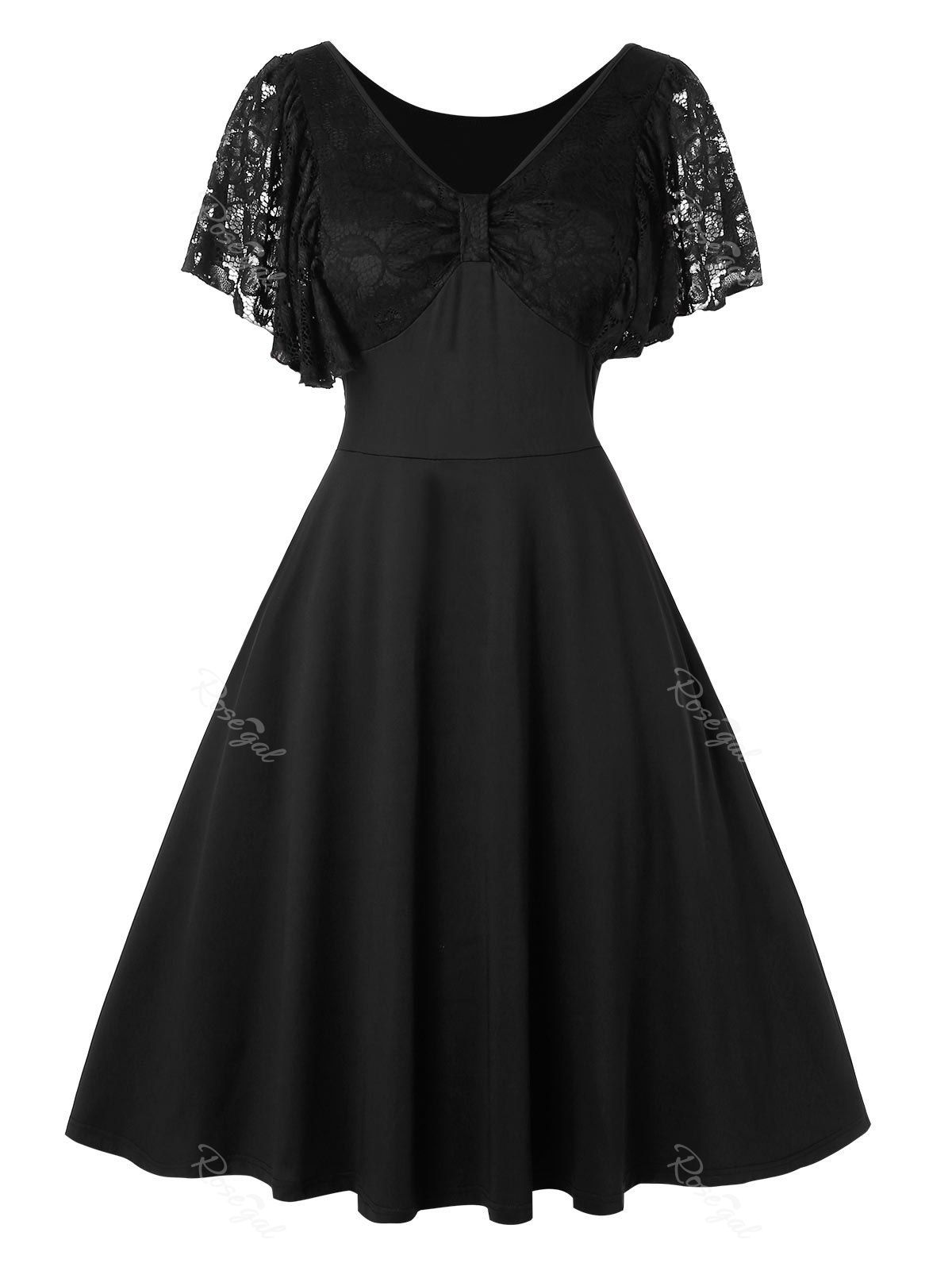 

Plus Size Lace Insert High Waist Fit And Flare Vintage Dress, Black
