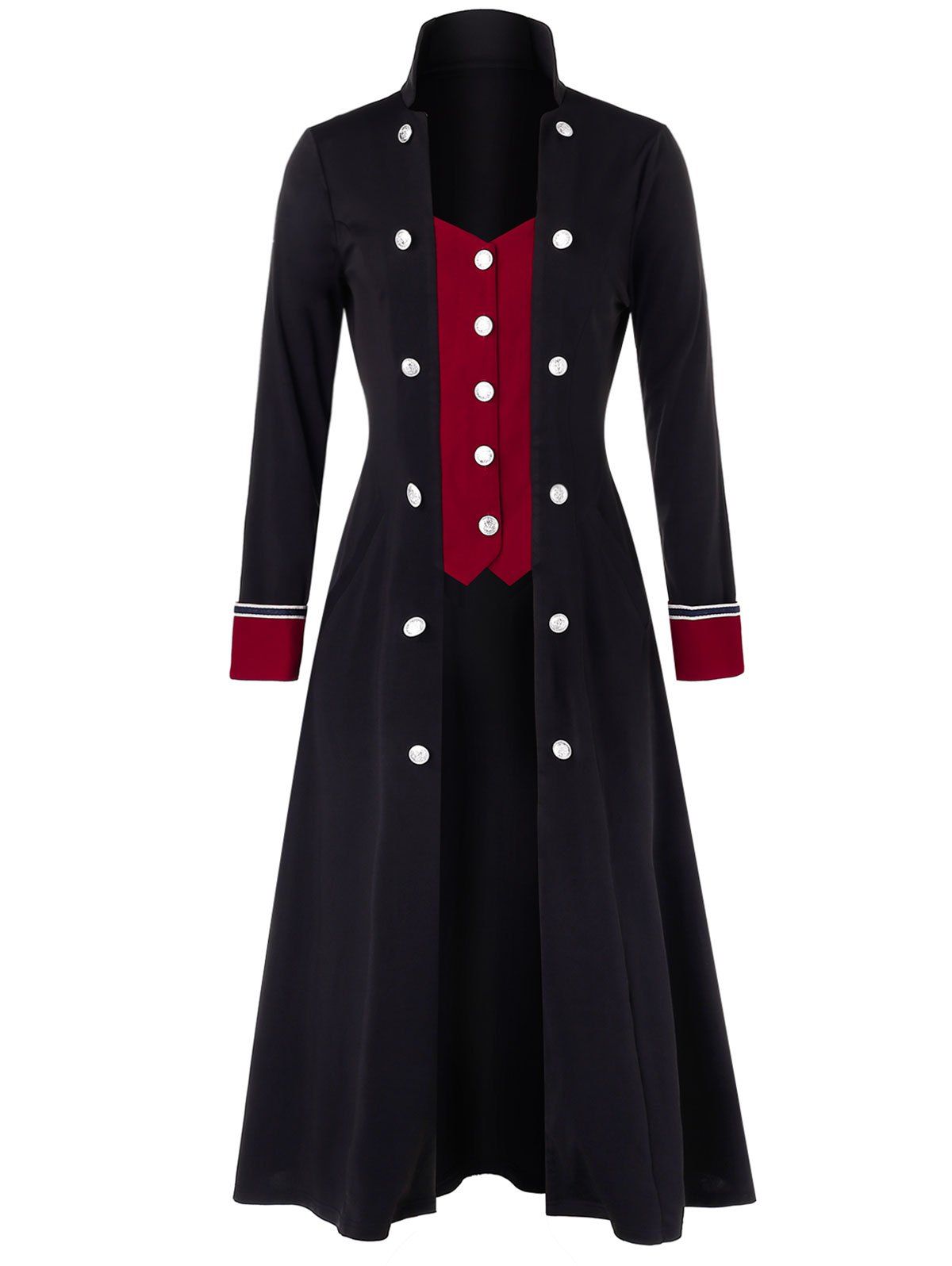 

Plus Size Buttoned Two Tone Stand Up Collar Long Coat, Multi