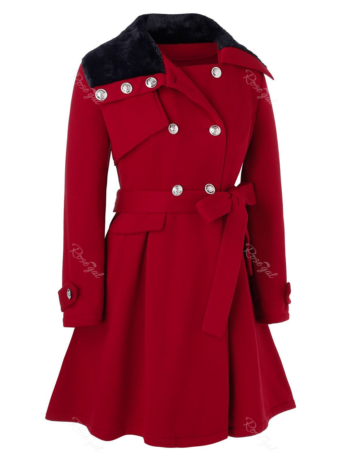 

Plus Size Double Breasted Faux Fur Collar Skirted Belted Coat, Red