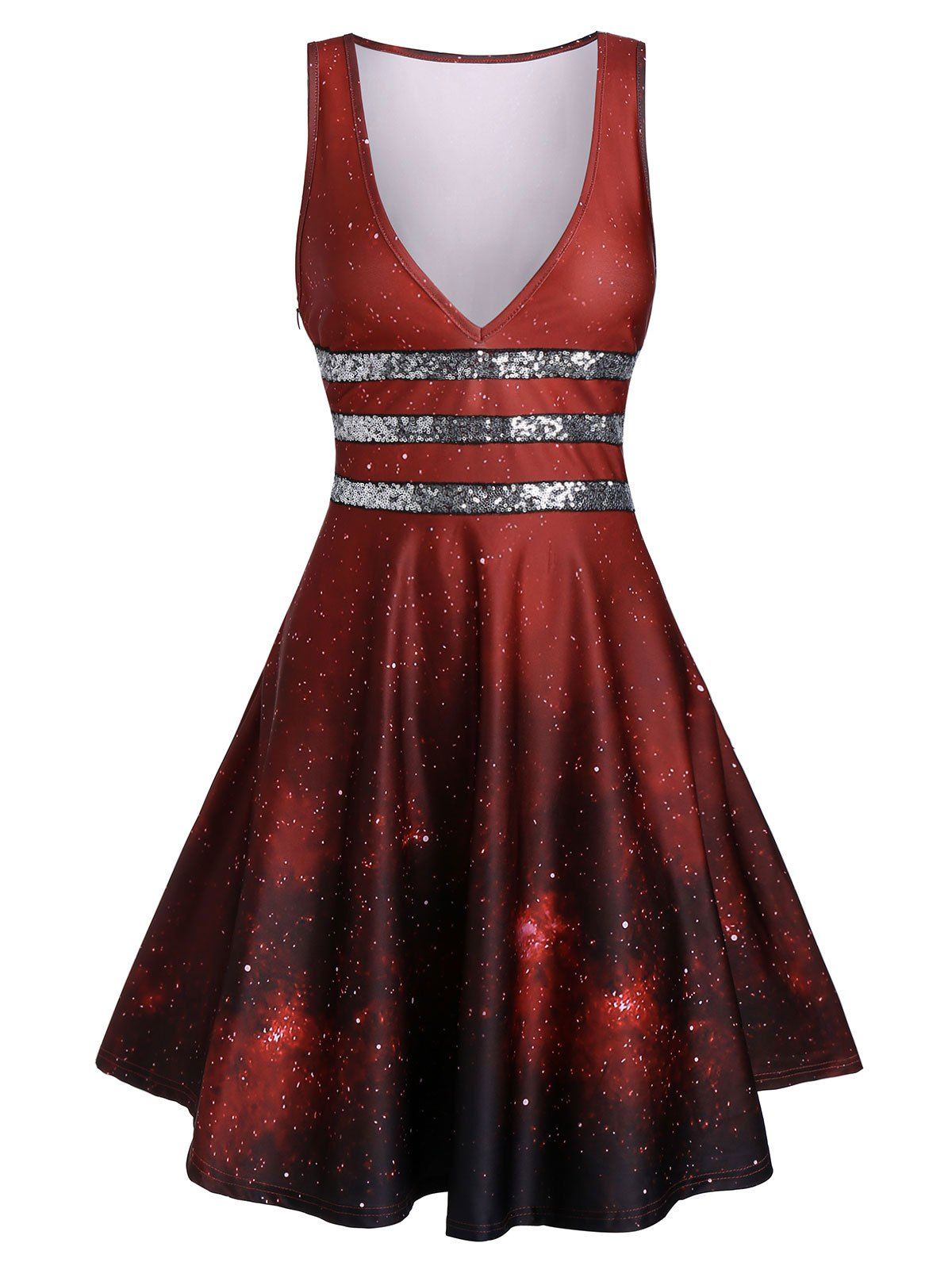 

Galaxy Print Sequined Plunge Dress, Red wine