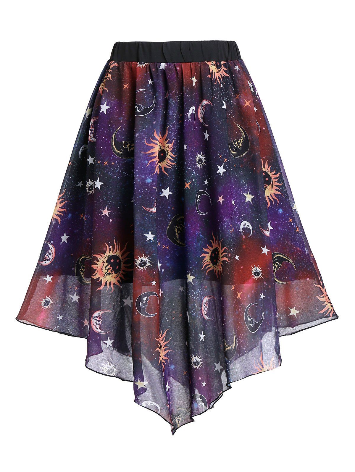 

Sun And Moon Print Elastic Waist Asymmetric Skirt, Multi-a