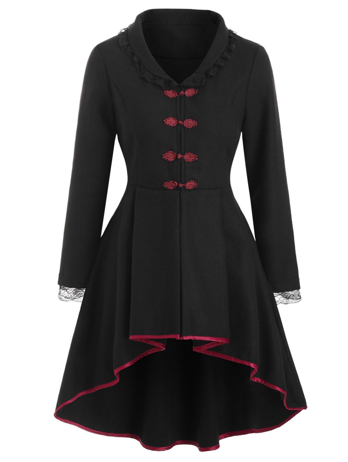 

Laced Lace-up Frog Button Wool Blend High Low Coat, Black