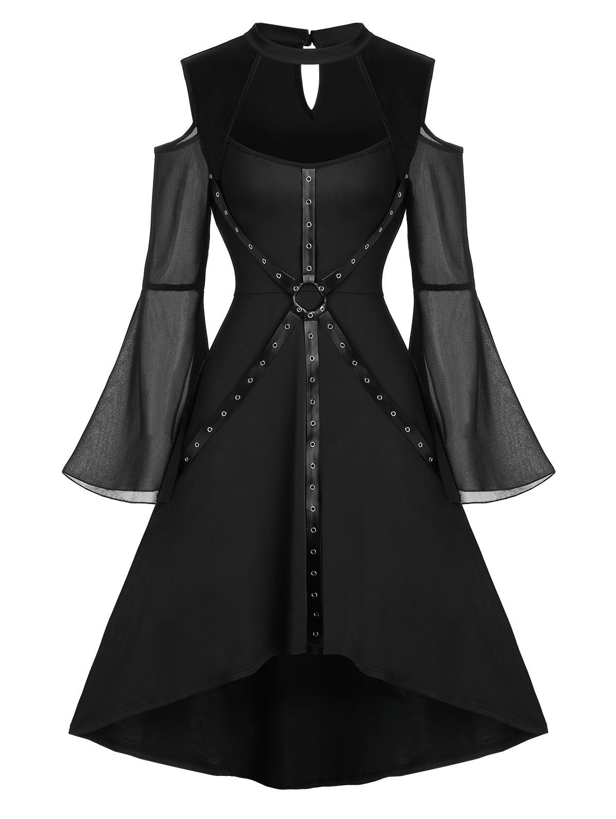 

Halloween Bell Sleeve Cut Out Harness Grommet Gothic Dress, Black