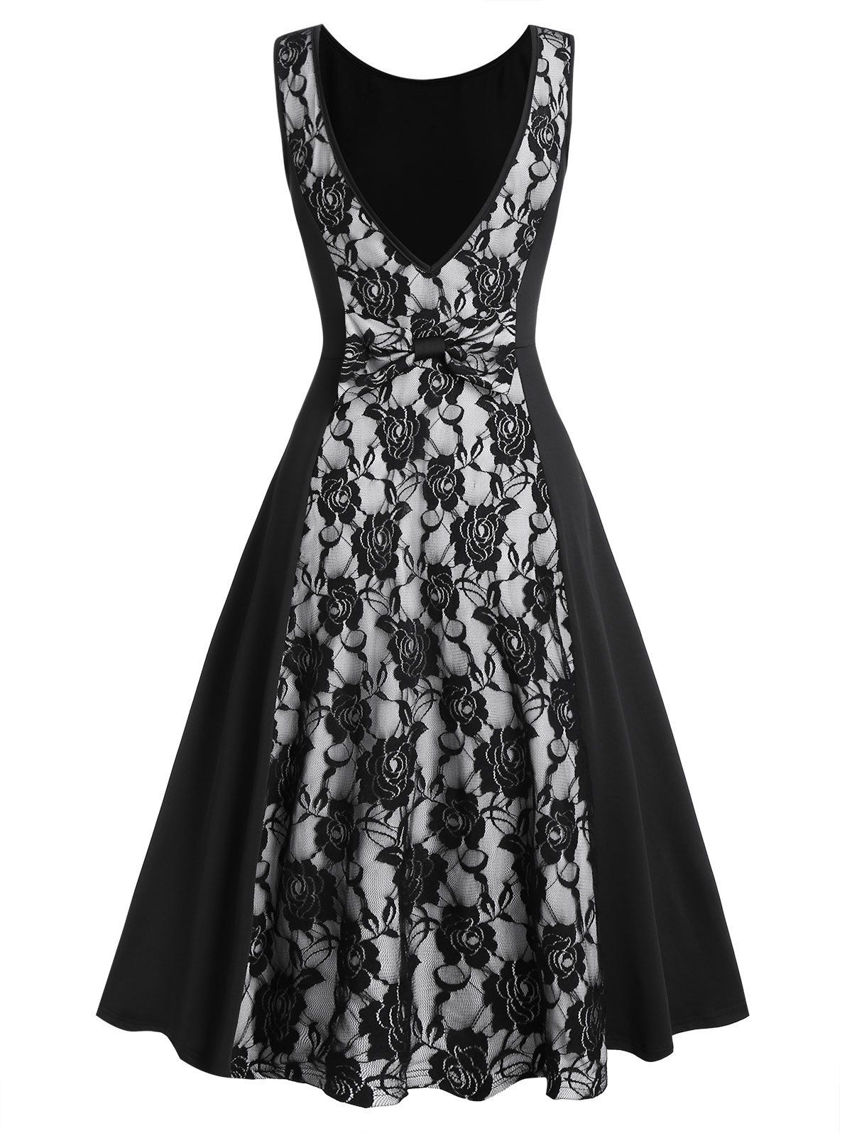 

Sheer Lace Insert V Shaped Back Party Dress, Black