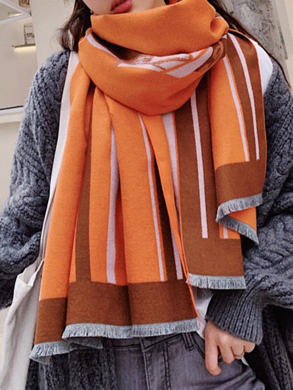 

Geometric Pattern Tassel Warm Scarf, Papaya orange