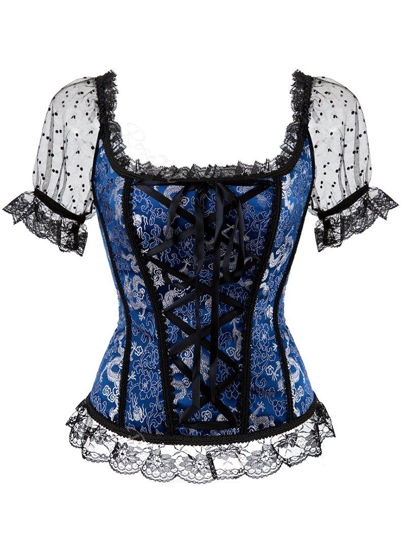 

Plus Size Lace Short Sleeves Polka Dot Overbust Top, Sky blue