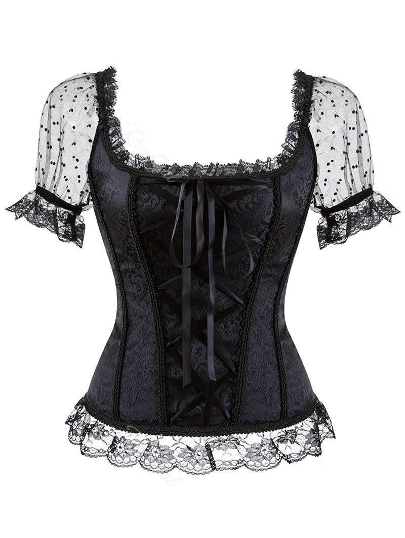 

Plus Size Lace Short Sleeves Polka Dot Overbust Top, Black