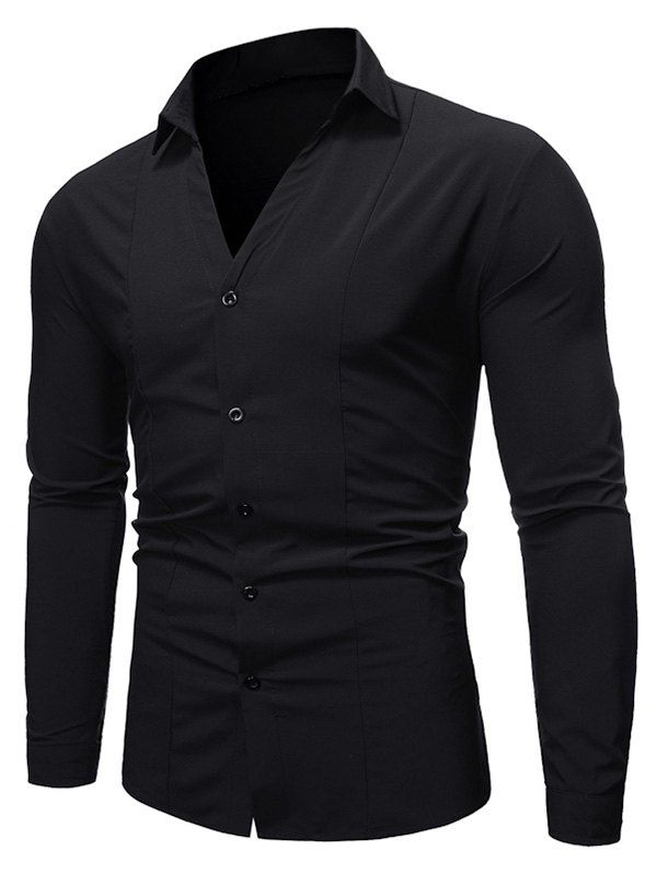 

V-neck Long Sleeve Solid Button Up Shirt, Black