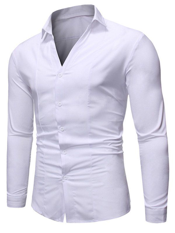 

V-neck Long Sleeve Solid Button Up Shirt, White