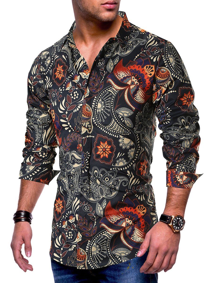 

Flower Print Long Sleeve Button Curved Hem Shirt, Black
