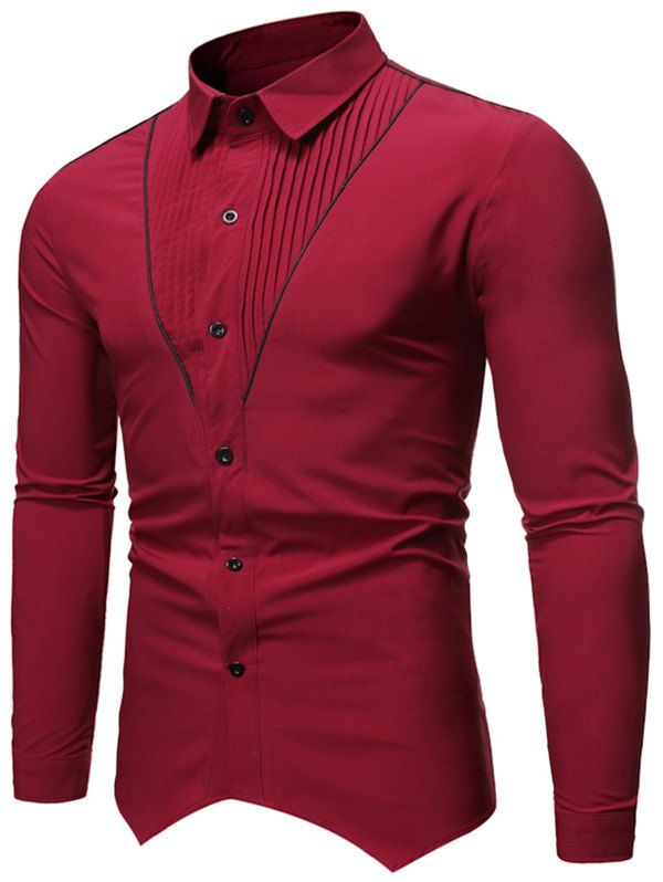

Pleated Contrast Trim Spliced Button Up Basic Shirt, Red wine