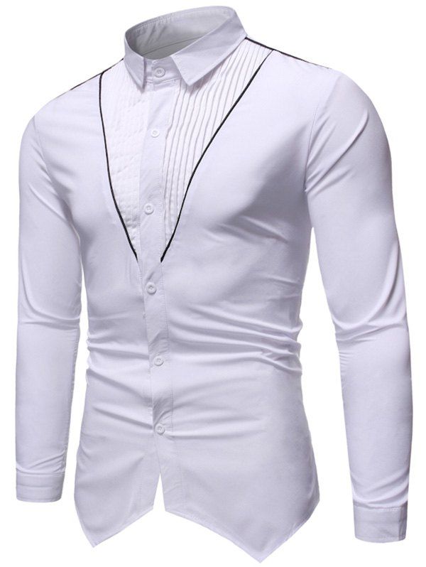 

Pleated Contrast Trim Spliced Button Up Basic Shirt, White