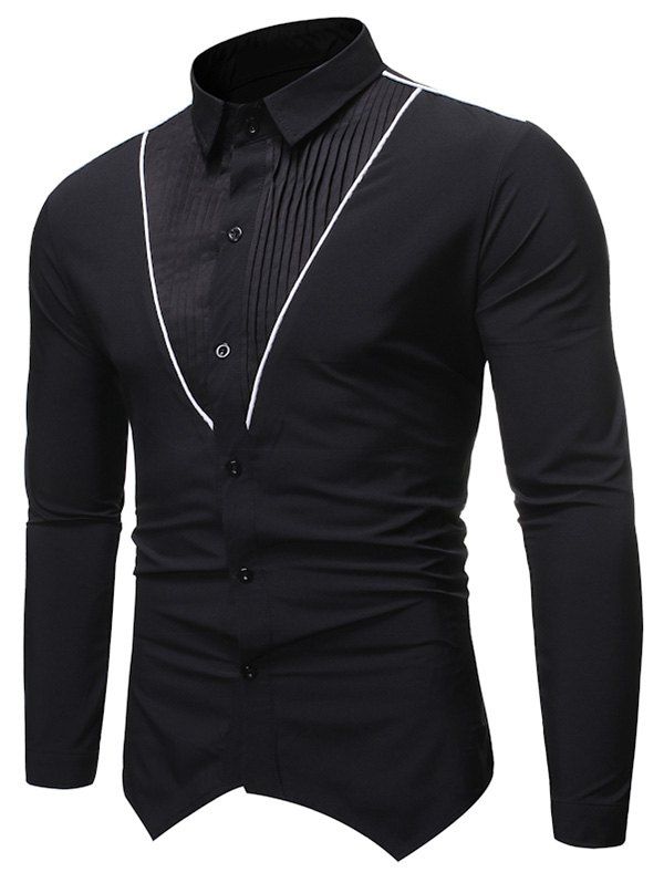 

Pleated Contrast Trim Spliced Button Up Basic Shirt, Black