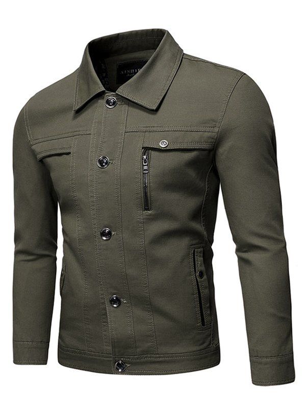 

Solid Faux Chest Pocket Turn Down Collar Button Jacket, Army green