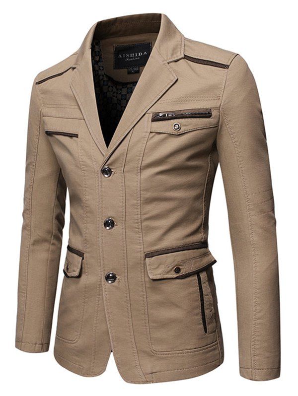 

Lapel Collar Flap Pocket Solid Button Jacket, Light khaki
