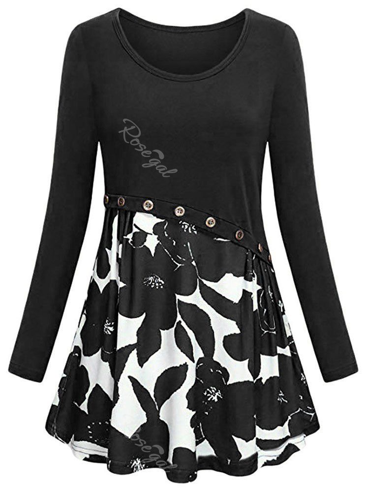 

Plus Size Floral Mock Button Tunic Dress, Black