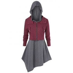 

Plus Size Zip Fly Cardigan and Hooded Asymmetric Top Set, Dark gray