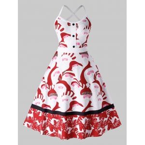 

Plus Size Christmas Vintage Crisscross Santa Claus Print Party Dress, Red