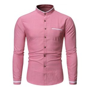 

Contrast Color Stripe Faux Pocket Stand Collar Basic Shirt, Rose red