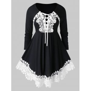 

Plus Size Contrast Lace Trim Grommet Lace Up Skirted T Shirt, Black