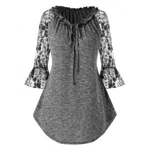 

Plus Size Lace Sleeve Space Dye Curved T Shirt, Gray