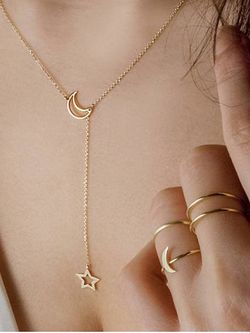 Simple Moon Star Chain Necklace And Rings Set - GOLD