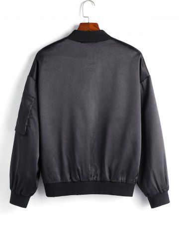 

Plus Size Flower Embroidered Pocket Zip Up Pilot Jacket, Black