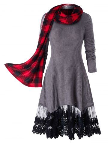 Plus Size Lace Trim Long Tunic Knitwear With Plaid Scarf