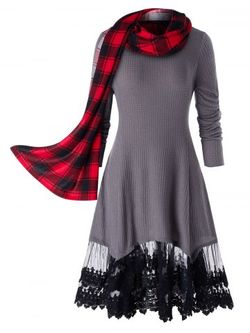 Plus Size Lace Trim Long Tunic Knitwear With Plaid Scarf - DARK GRAY - 2X