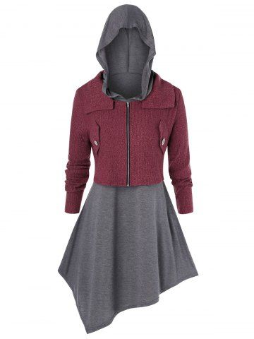 Plus Size Zip Fly Cardigan and Hooded Asymmetric Top Set - DARK GRAY - 1X