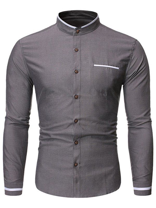 

Contrast Color Stripe Faux Pocket Stand Collar Basic Shirt, Dark gray
