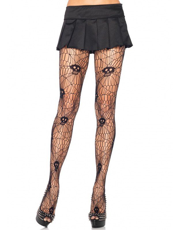 

Skull Pattern Mesh Thigh High Socks, Black