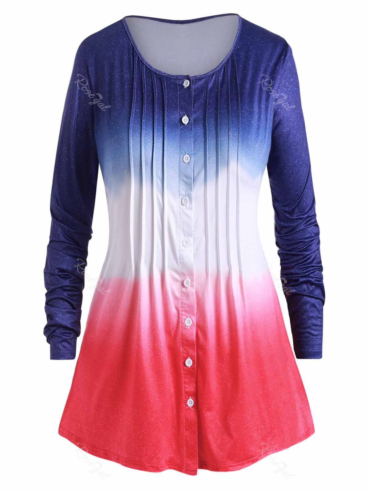 

Plus Size Ombre Pleated Button Up Tunic Top, Peacock blue