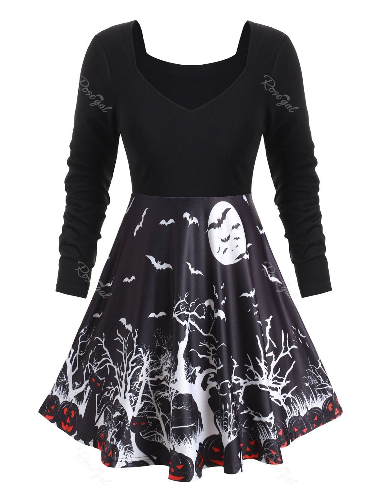 

Plus Size Pumpkin Tree Print Gothic Halloween T Shirt, Black