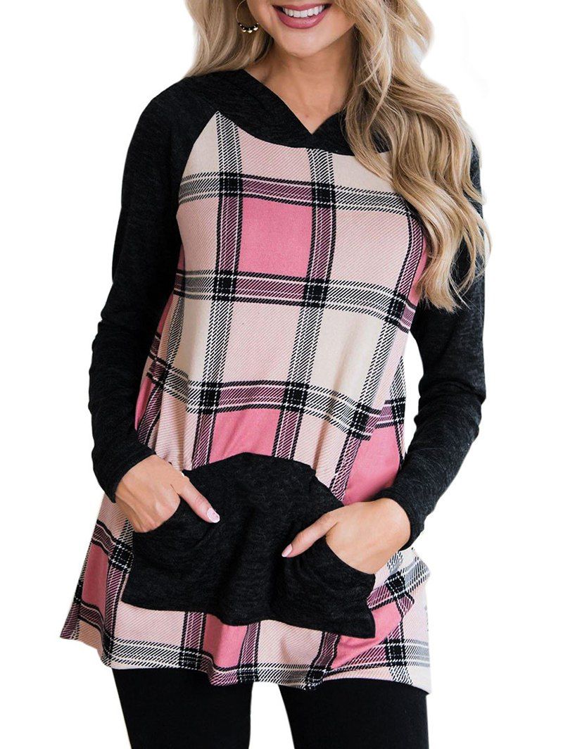 

Plaid Raglan Sleeve Front Pocket Hoodie, Pink