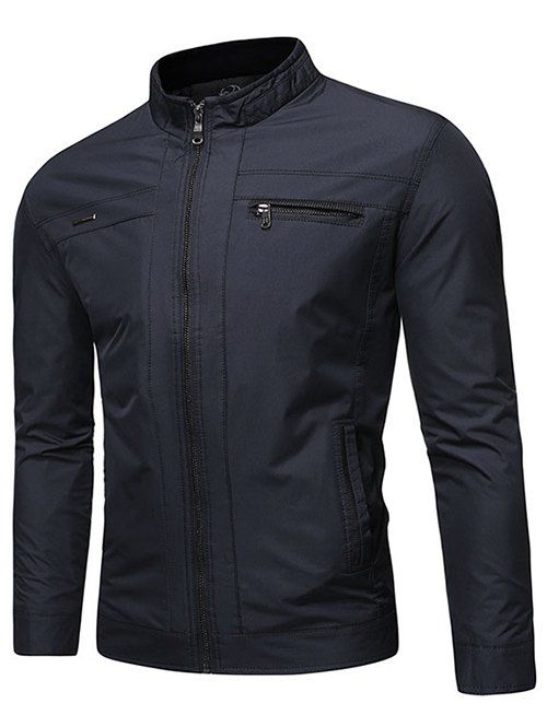 

Faux Pocket Solid Color Zip Up Jacket, Black