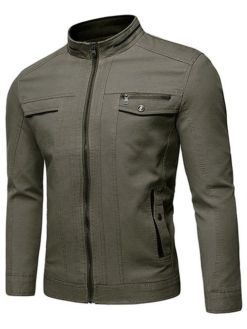 

Solid Faux Pocket Zip Up Stand Collar Jacket, Khaki