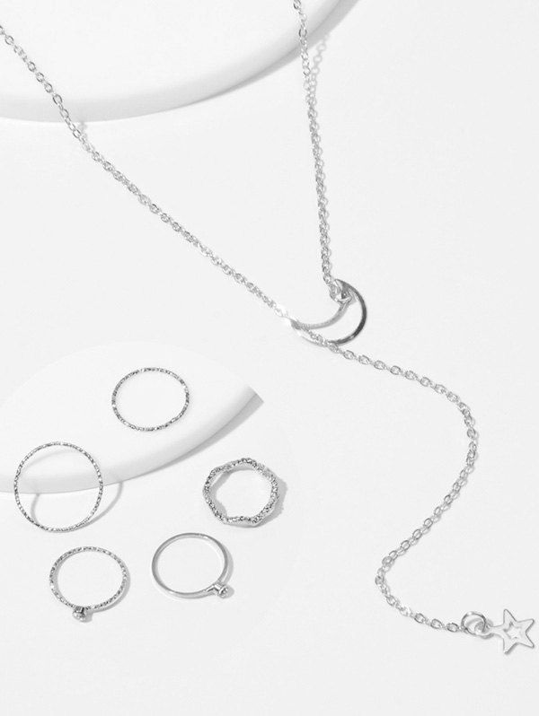 

Simple Moon Star Chain Necklace And Rings Set, Silver