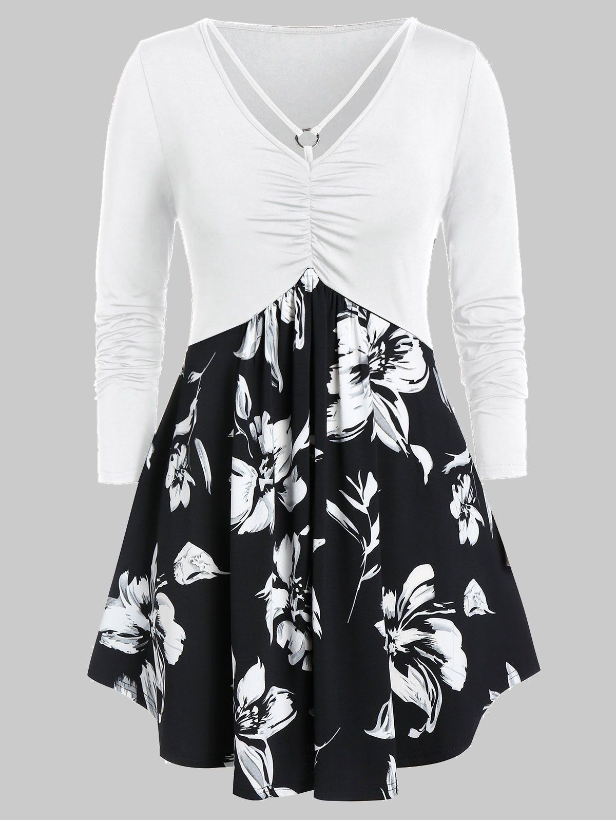 

Plus Size Floral Print Cut Out Tunic T Shirt, White