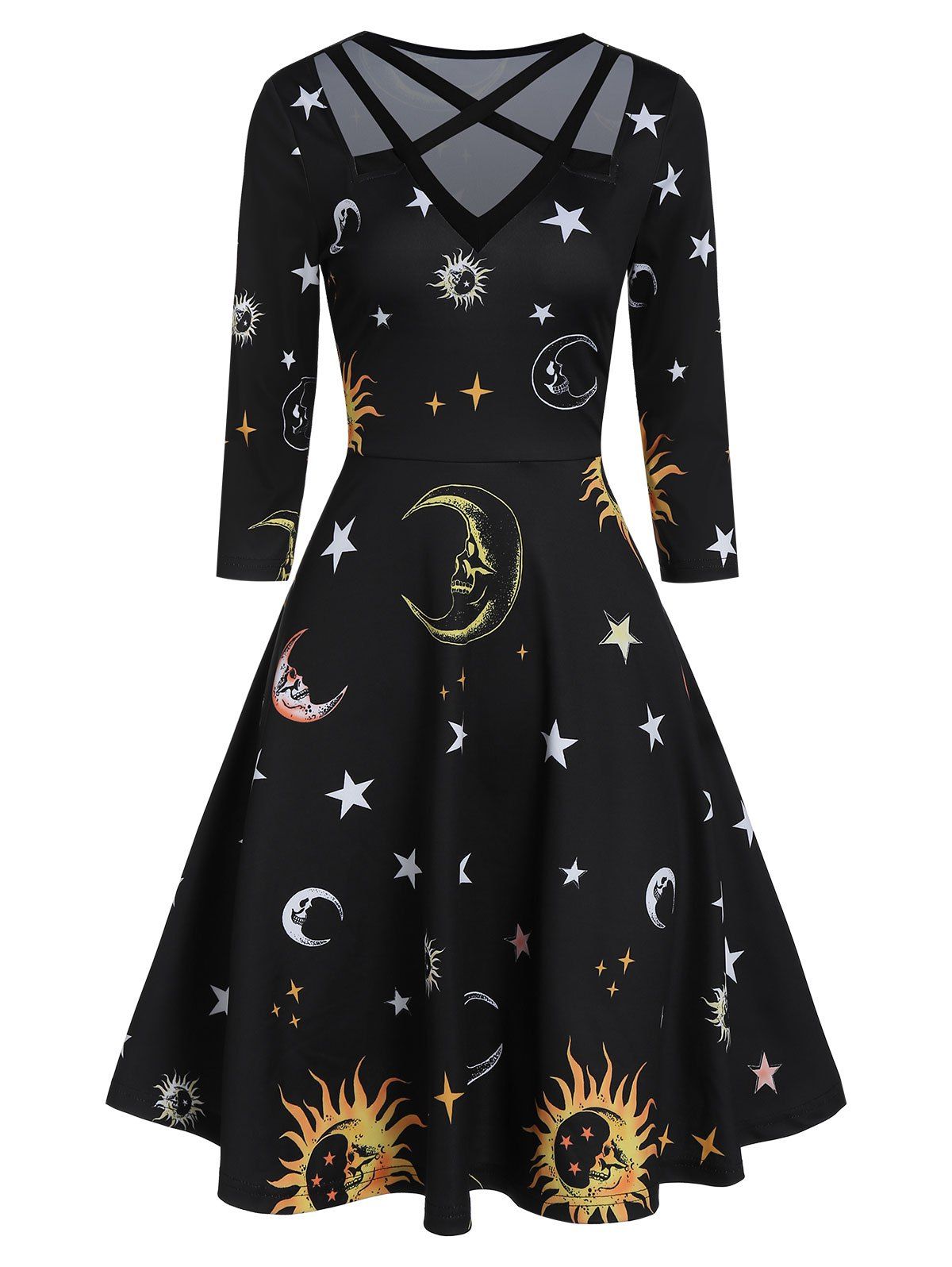 

V Neck High Waist Sun and Moon Print Dress, Black