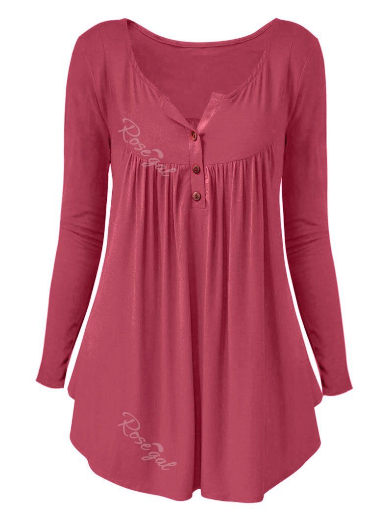 

Plus Size Long Sleeve Half Button T Shirt, Cherry red