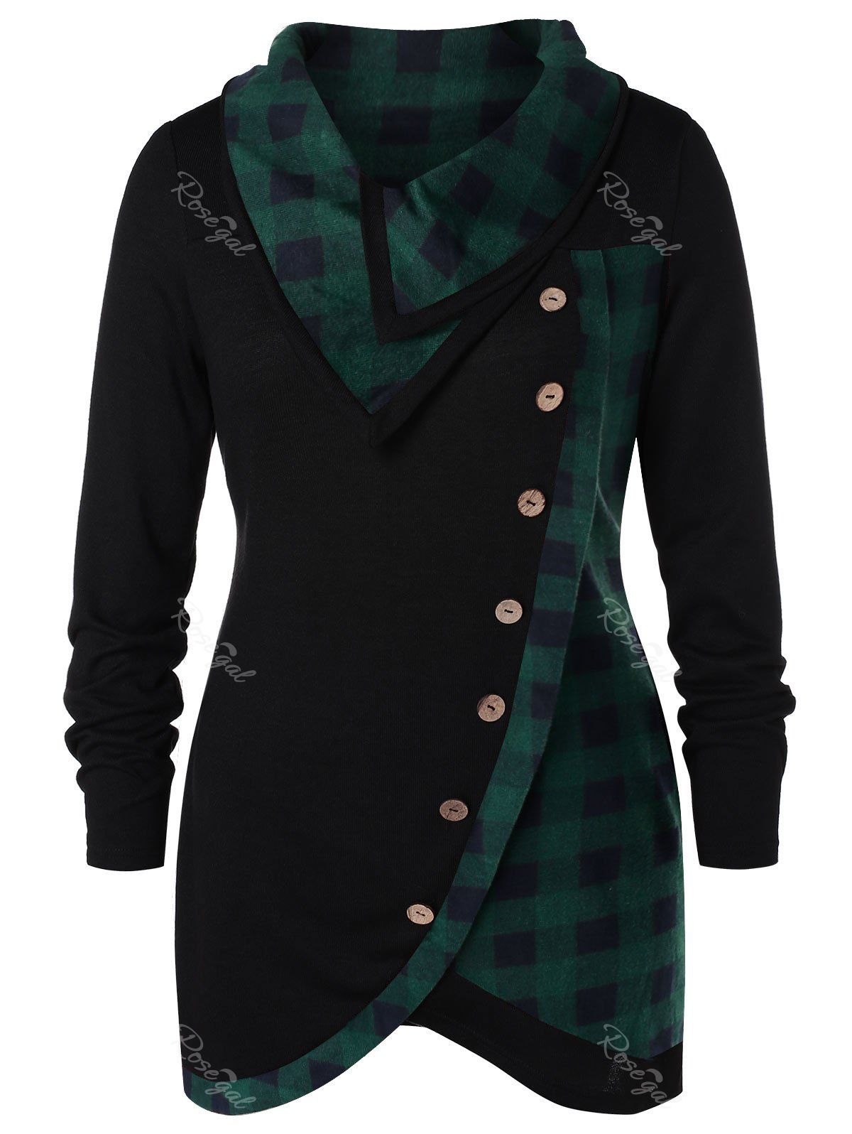 

Plus Size Skew Button Plaid Spliced Tulip Front T-shirt, Dark forest green