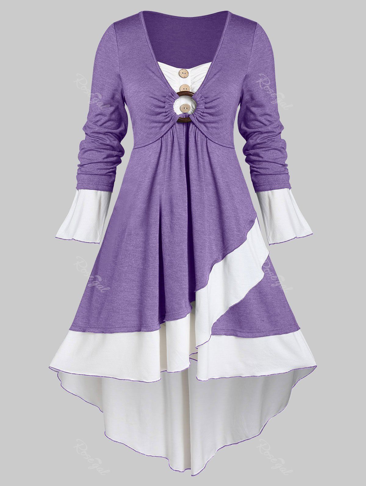 

Plus Size Contrast Flounce Button T Shirt, Medium purple