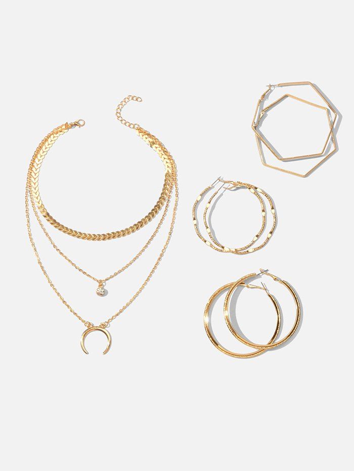 

Multilayered Crescent Moon Necklace And Simple Hoop Earrings Set, Gold