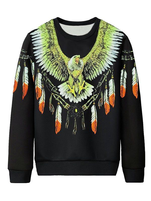 

Plus Size Eagle and Feathers Print Pullover Sweatshirt, Black